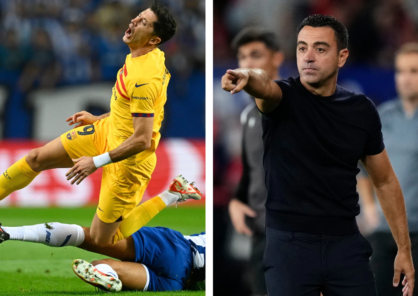 Reprezentant Polski Robert Lewandowski oraz szkoleniowiec FC Barcelona - Xavi Hernandez