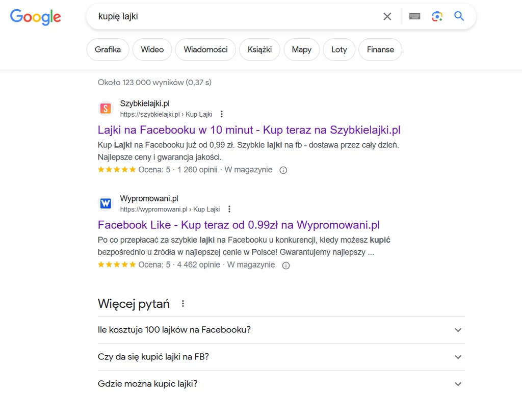 Wystarczy wpisać "kupię lajki" w Google. Oto efekt