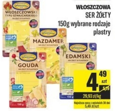 Włoszczowa Ser żółty w plastrach włoszczowski typu szwajcarskiego 150 g