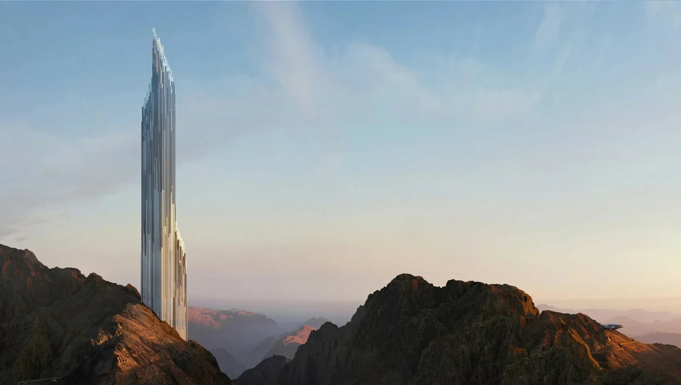 Wizualizacja przedstawiająca kryształowy wieżowiec w kurorcie górskim Trojena w Neom