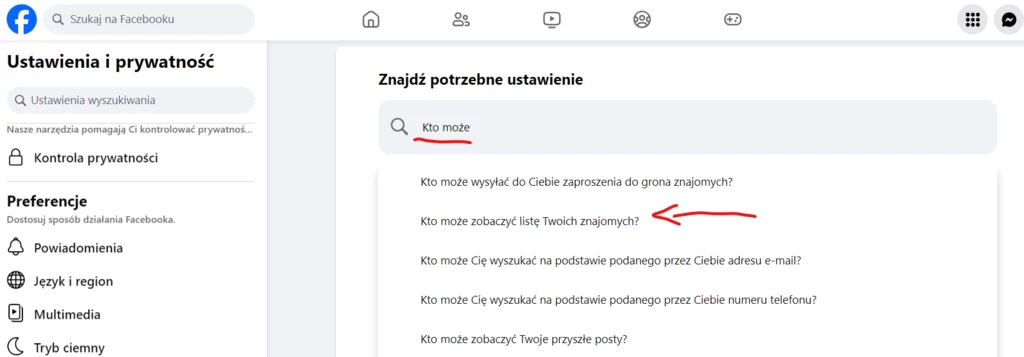 Zarówno w przeglądarce jak i na urządzeniach mobilnych do odnalezienia ustawień widoczności listy znajomych najlepiej użyć wyszukiwarki.