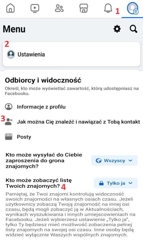 Sklejka przedstawiająca ścieżkę dostępu do opcji prywatności wyświetlania grupy Znajomych.