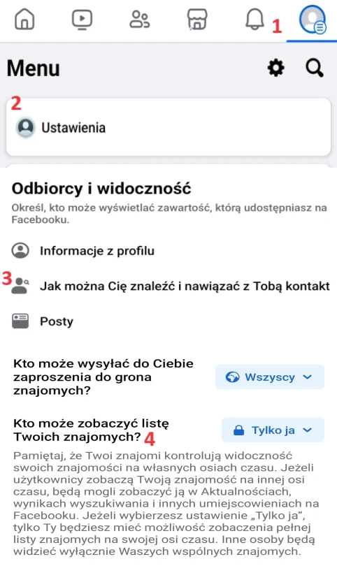 Sklejka przedstawiająca ścieżkę dostępu do opcji prywatności wyświetlania grupy Znajomych. Sklejka przedstawiająca ścieżkę dostępu do opcji prywatności wyświetlania grupy Znajomych.