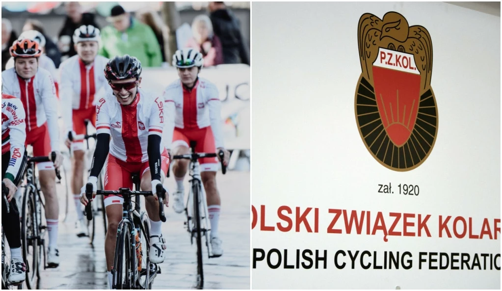 Reprezentantki Polski w kolarstwie i logo Polskiego Związku Kolarskiego