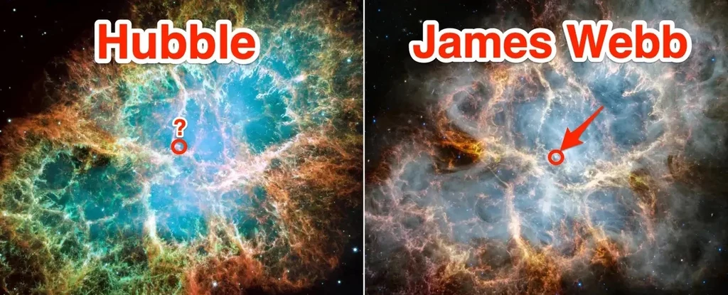 Mgławica Kraba na zdjęciach z Kosmicznego Teleskopu Hubble'a (po lewej) i Jamesa Webba (po prawej)