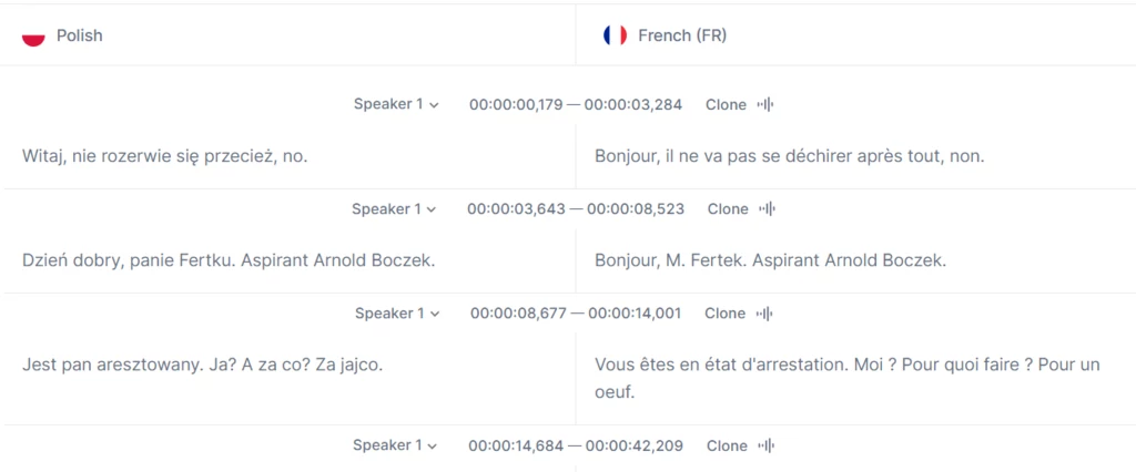 Przykład transkrypcji nagrania po przetłumaczeniu wideo.