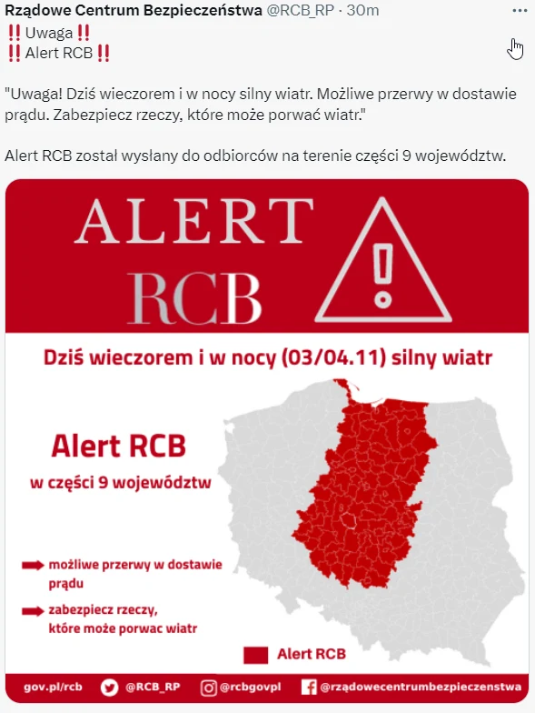 Z powodu silnego wiatru wystosowano alerty RCB, które trafiły do mieszkańców 9 województw