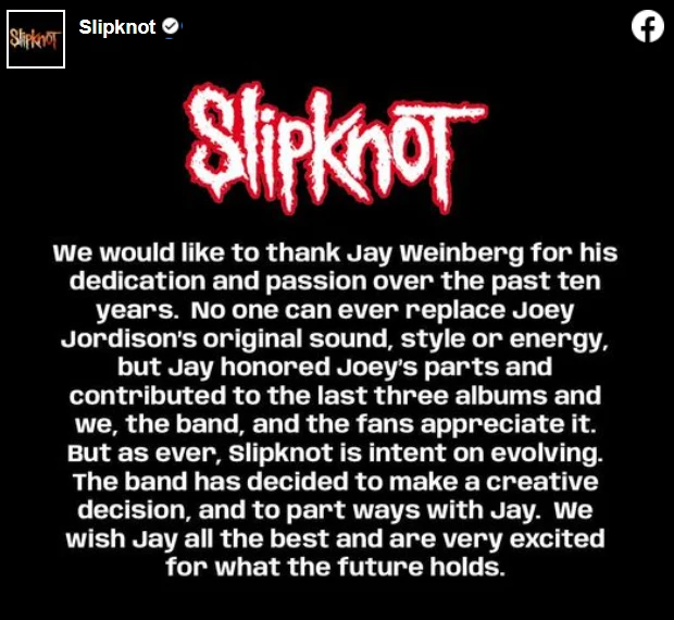 Tak wyglądał post udostępniony na profilu grupy Slipknot Tak wyglądał post udostępniony na profilu grupy Slipknot