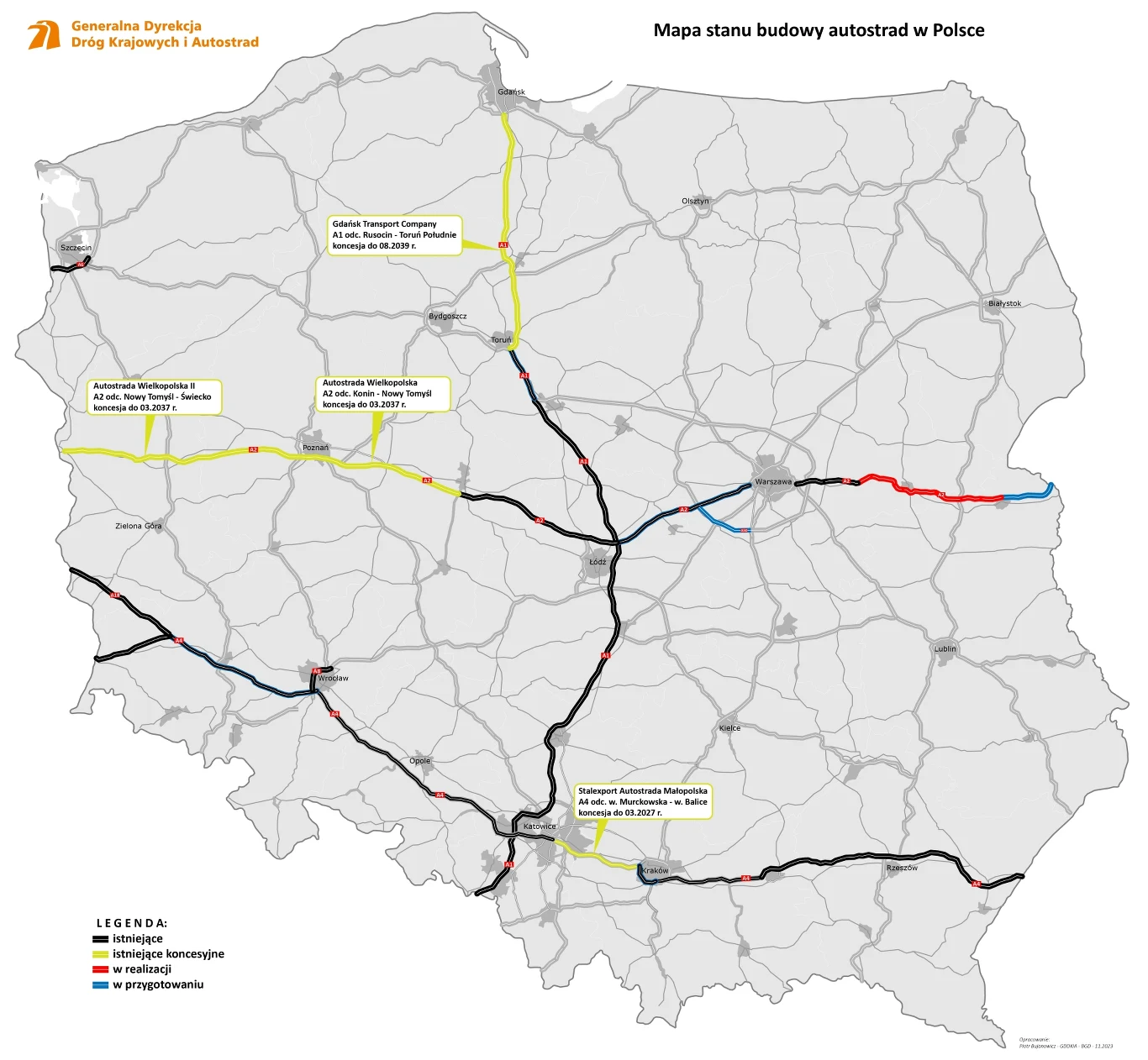 Mapa stanu budowy autostrad w Polsce pod koniec 2023 roku Mapa stanu budowy autostrad w Polsce pod koniec 2023 roku