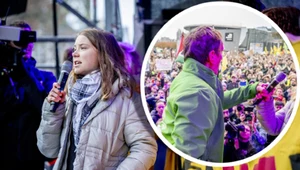 Greta Thunberg na scenie w Amsterdamie w trakcie marszu klimatycznego