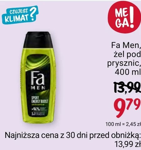 Fa Men Sport Energy Boost Żel pod prysznic z formułą 3w1 o zapachu guarany i żeń-szenia 400 ml