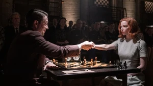 Marcin Dorociński i Anya Taylor-Joy w serialu "Gambit królowej"