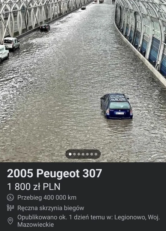 Na sprzedaż wystawiony został Peugeot 307, który został zalany na trasie S8 w czasie ulew, które nawiedziły Warszawę pod koniec sierpnia.