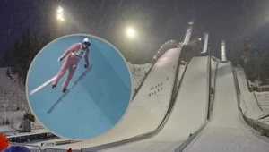 Skocznie w Lahti. W ramce Klaus Tuchscherer z odpiętą nartą