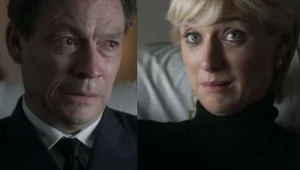 Dominic West (książę Karol) i Elizabeth Debicki (Diana) w scenie z serialu "The Crown"