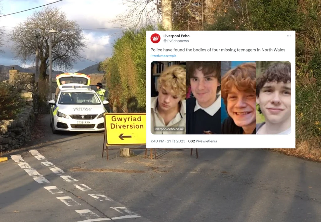 Czterech uczniów zostało znalezionych w Gwynedd. Ich samochód był częściowo zatopiony w wodzie Czterech uczniów zostało znalezionych w Gwynedd. Ich samochód był częściowo zatopiony w wodzie