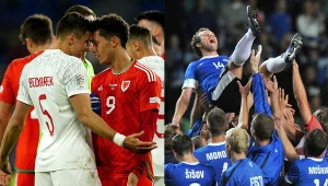 Jan Bednarek i Brennan Johnson. Po prawej Konstantin Wasiljew po golu z Polską w 2012 r. - fot. Raigo Pajula / AFP / East News