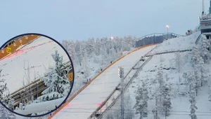 Skocznia w Ruce i zwisające w dół wstążki, świadczące o tym, że wiatr nie sprawia problemów