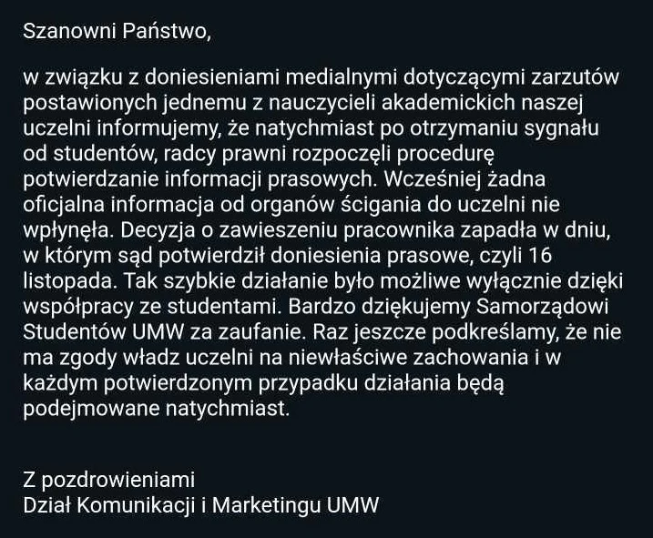 Treść wiadomości, jaką otrzymali w sprawie studenci uczelni