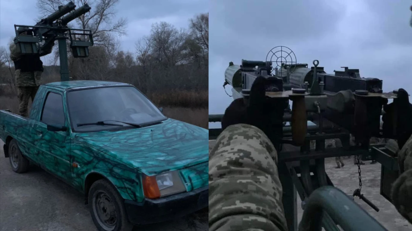 Ukraińcy przerobili starego pickupa na maszynę niszczącą drony Ukraińcy przerobili starego pickupa na maszynę niszczącą drony