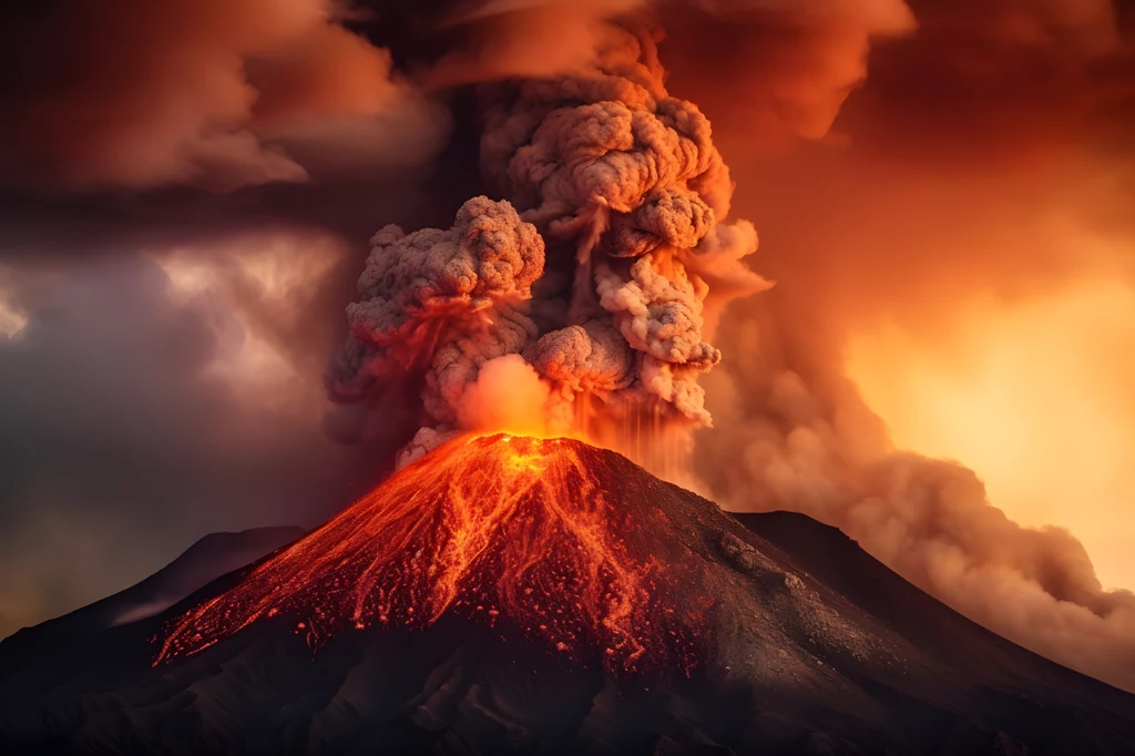 Podczas erupcji wypływa lawa, a do atmosfery uwalniane są pyły i gazy