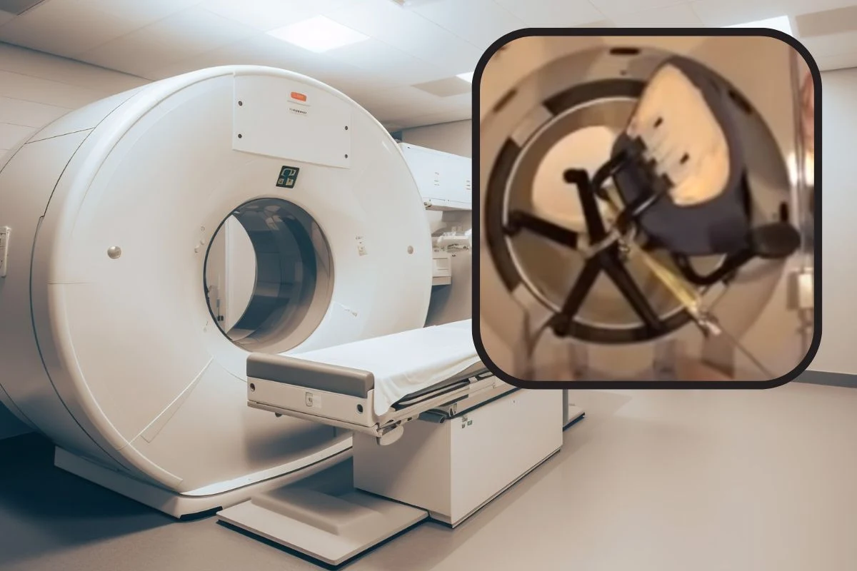 Siła przyciągania rezonansu jest bardzo duża, dlatego metalowe przedmioty w ciele są przeciwwskazaniem do badania/ fot. rezonansu, który przyciągnął krzesło YouTube/Rafał Jackiewicz Siła przyciągania rezonansu jest bardzo duża, dlatego metalowe przedmioty w ciele są przeciwwskazaniem do badania/ fot. rezonansu, który przyciągnął krzesło YouTube/Rafał Jackiewicz