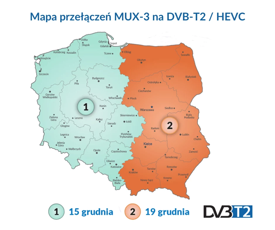 Mapa przełączenia MUX-3 na DVB-T2 w grudniu 2023 roku.