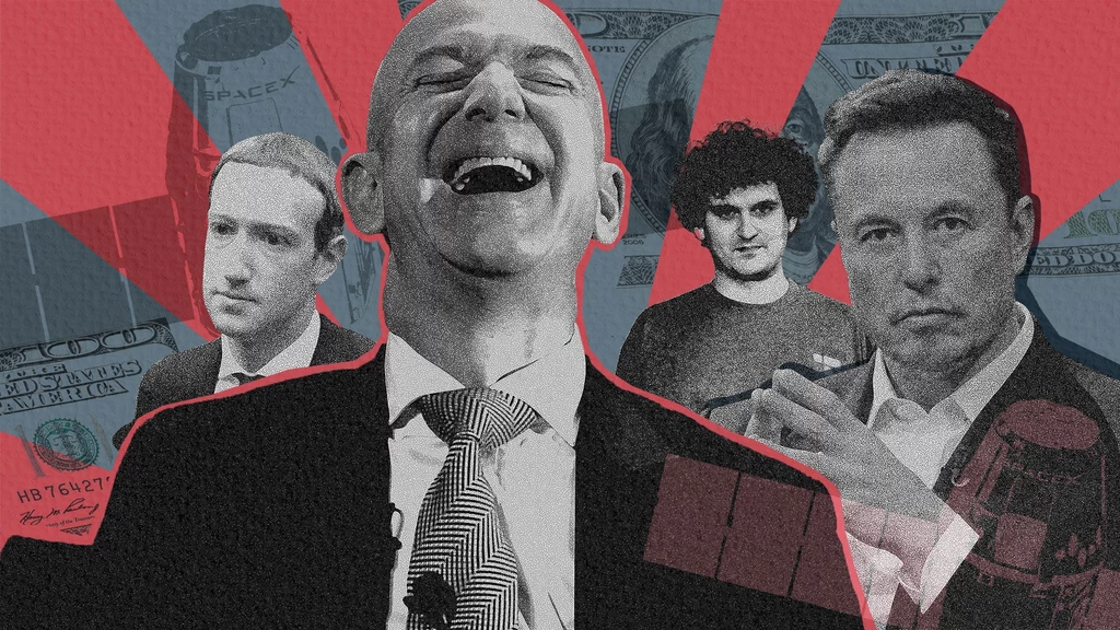 Mark Zuckerberg: Chip Somodevilla/Staff // Jeff Bezos: Alex Wong/Staff// Sam Bankman-Fried: Bloomberg/Contributor// Elon Musk: Chesnot/Contributor/getty. Zdjęcie w tle: 123 RF oraz SOPA Images/Contributor/getty Mark Zuckerberg: Chip Somodevilla/Staff // Jeff Bezos: Alex Wong/Staff// Sam Bankman-Fried: Bloomberg/Contributor// Elon Musk: Chesnot/Contributor/getty. Zdjęcie w tle: 123 RF oraz SOPA Images/Contributor/getty