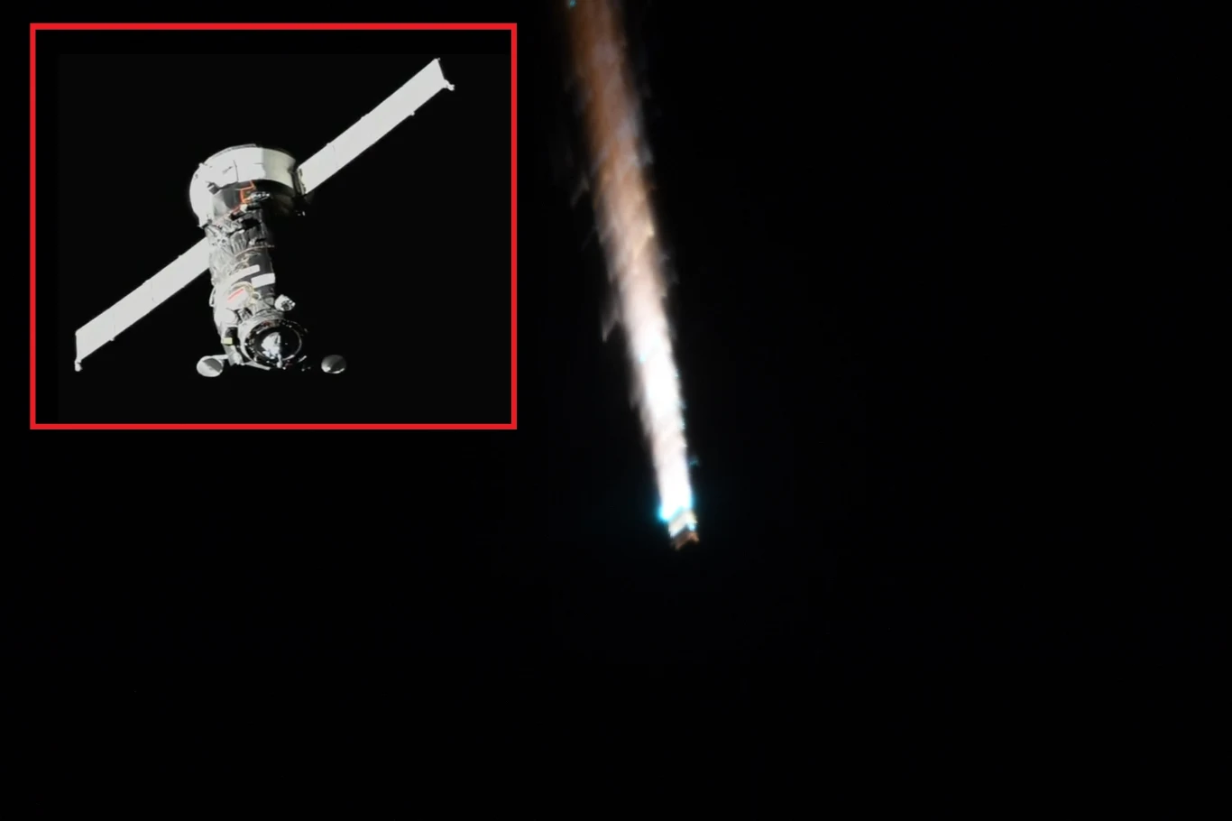 Rosyjski statek towarowy Progress MS-23 płonie w atmosferze ziemskiej 29 listopada 2023 roku. Rosyjski statek towarowy Progress MS-23 płonie w atmosferze ziemskiej 29 listopada 2023 roku.