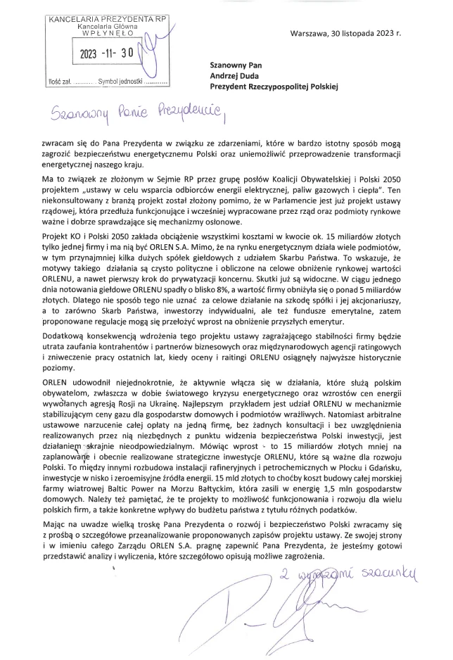 Daniel Obajtek skierował pismo do Prezydenta RP