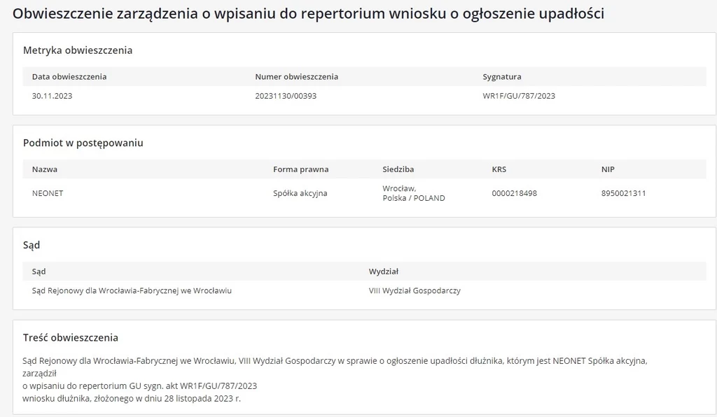 Obwieszczenie w sprawie ogłoszenia upadłości Neonet.