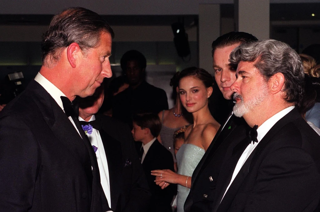 Król Karol III, Natalie Portman, Ewan McGregor, George Lucas Król Karol III, Natalie Portman, Ewan McGregor, George Lucas