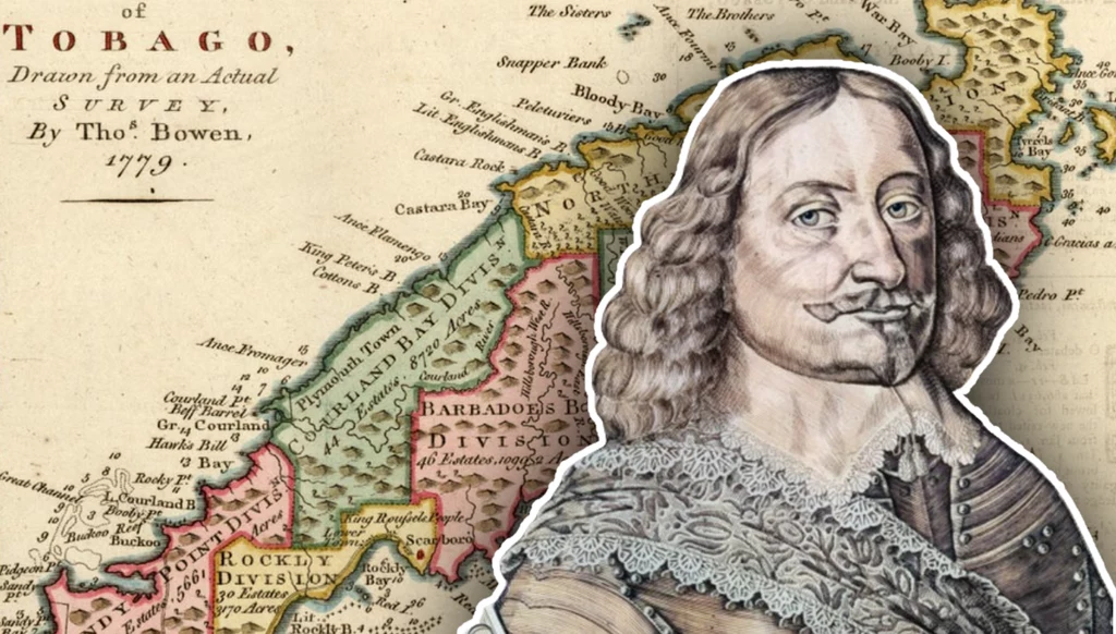 Jakub Kettler i mapa Tobago z XVIII wieku. Widoczne nazwy nawiązujące do obecności Kurlandii na wyspie Jakub Kettler i mapa Tobago z XVIII wieku. Widoczne nazwy nawiązujące do obecności Kurlandii na wyspie