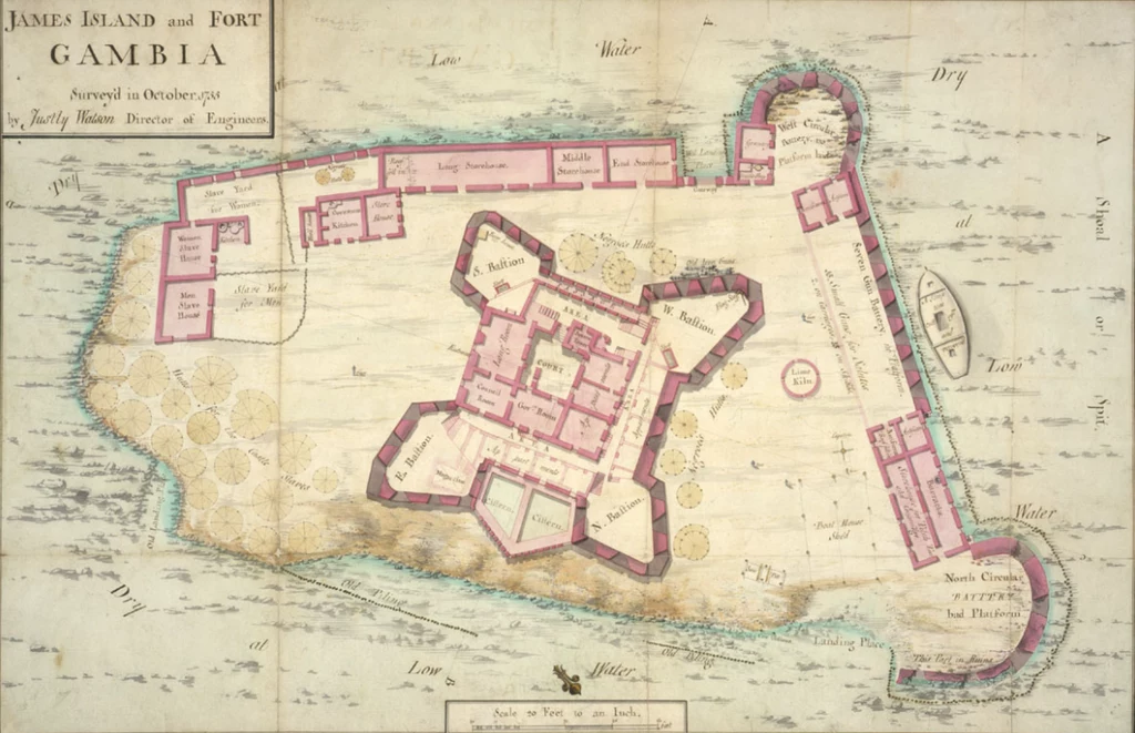 Fort na Wyspie św. Andrzeja (dziś Kunta Kinteh) na mapie z 1755 Fort na Wyspie św. Andrzeja (dziś Kunta Kinteh) na mapie z 1755