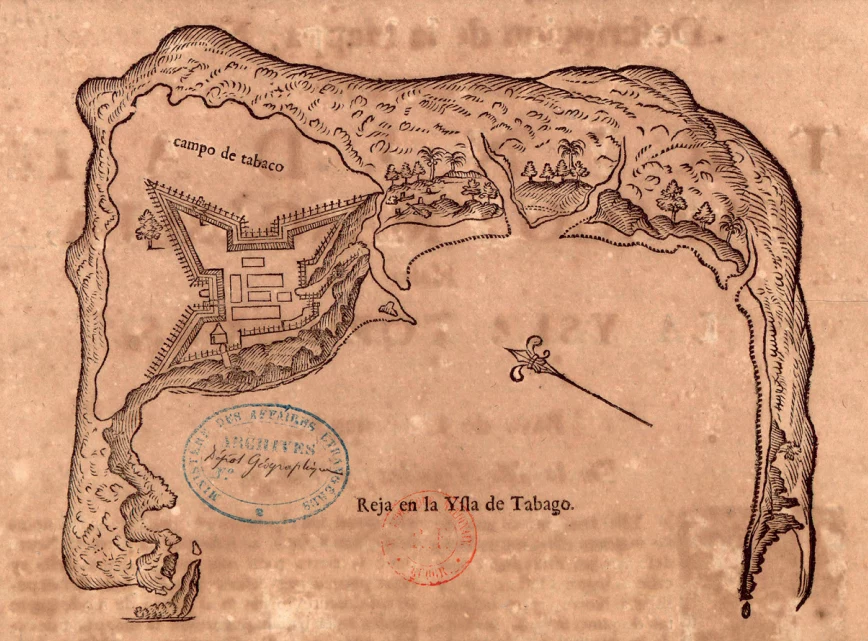 Hiszpańska mapa Tobago z XVII wieku. Widoczny fort Jocobus Hiszpańska mapa Tobago z XVII wieku. Widoczny fort Jocobus