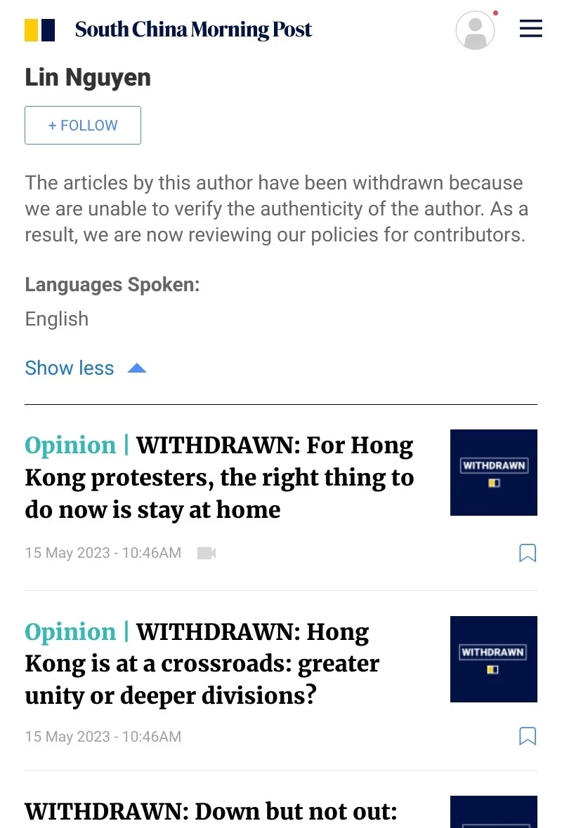 Nieistniejąca Lin Nguyen pisała m.in. o protestach w Hongkongu Nieistniejąca Lin Nguyen pisała m.in. o protestach w Hongkongu