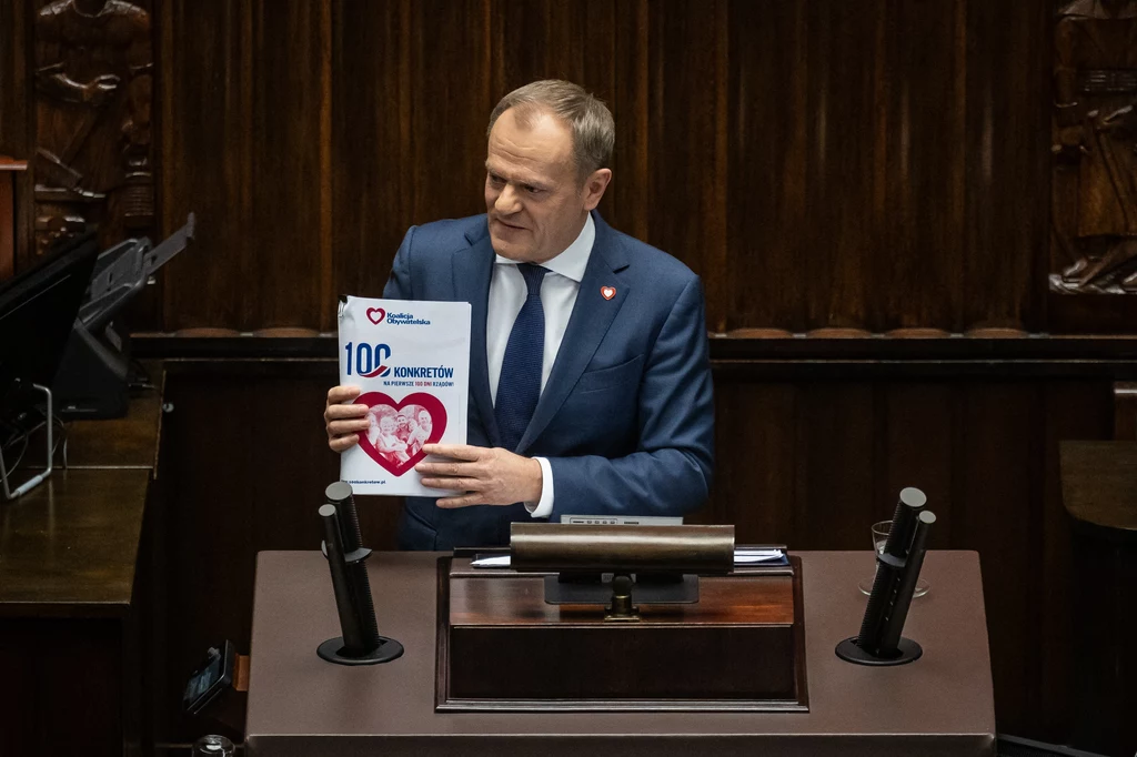 Donald Tusk prezentuje 100 konkretów KO podczas wygłaszania expose w Sejmie 12 grudnia