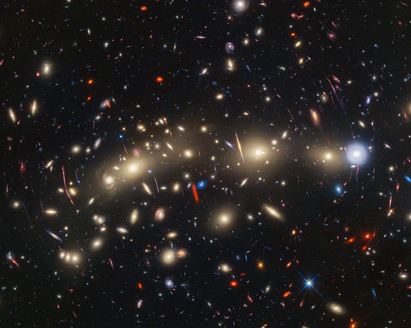 Obraz gromady galaktyk MACS0416 powstał poprzez połączenie obserwacji w podczerwieni z Kosmicznego Teleskopu Jamesa Webba z danymi w zakresie światła widzialnego z Kosmicznego Teleskopu Hubble'a. (zdjęcie ilustracyjne) Obraz gromady galaktyk MACS0416 powstał poprzez połączenie obserwacji w podczerwieni z Kosmicznego Teleskopu Jamesa Webba z danymi w zakresie światła widzialnego z Kosmicznego Teleskopu Hubble'a.