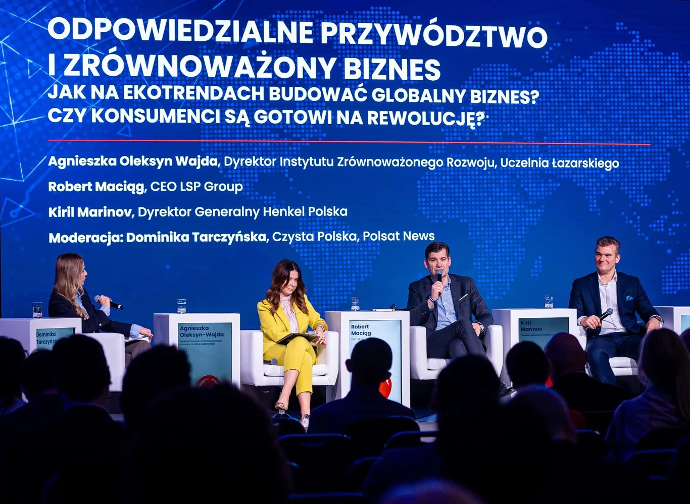 Uczestnicy panelu, od lewej: Dominika Tarczyńska, Czysta Polska, Polsat News. Agnieszka Oleksyn Wajda Dyrektor Instytutu Zrównoważonego Rozwoju, Uczelnia Łazarskiego, Robert Maciąg - CEO LSP Group, Kiril Marinov - Dyrektor Generalny Henkel Polska,