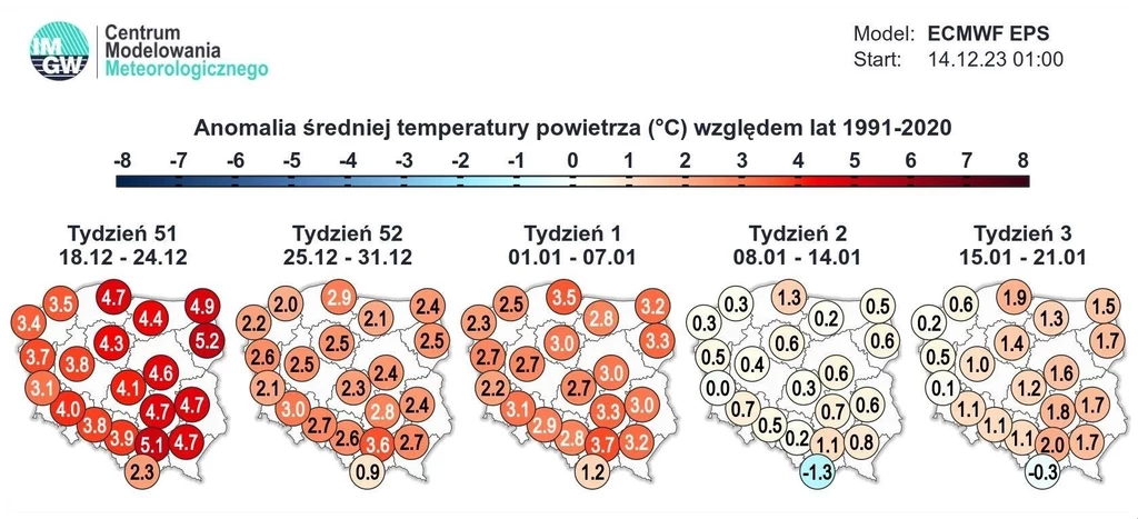 Z dostępnych modeli pogodowych IMGW wynika, że druga połowa grudnia będzie cieplejsza niż zazwyczaj Z dostępnych modeli pogodowych IMGW wynika, że druga połowa grudnia będzie cieplejsza niż zazwyczaj