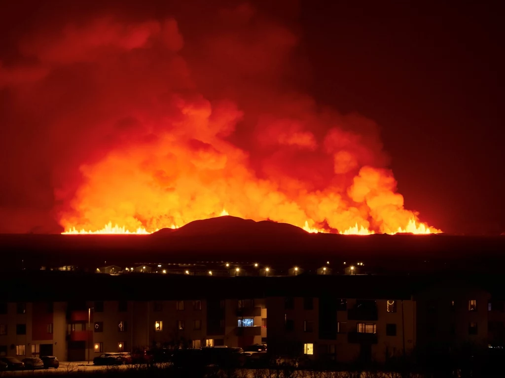 Erupcja wulkanu niedaleko miejscowości Grindavik, Islandia