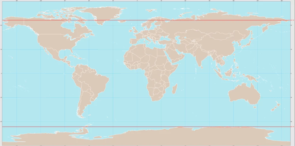 Mapa świata z zaznaczonymi czerwonymi liniami granicami kół podbiegunowych – obszary za szerokością geograficzną 66°33' N lub S.