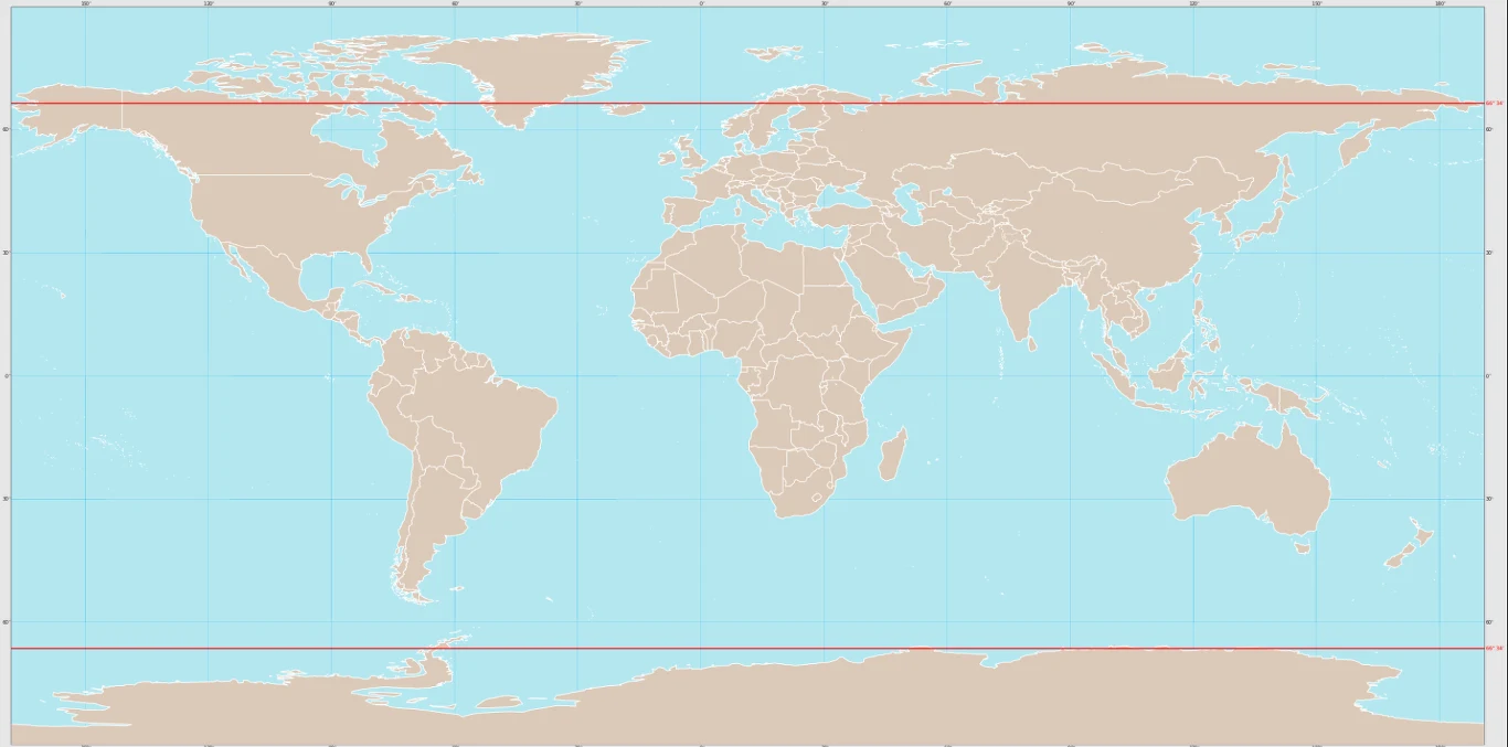Mapa świata z zaznaczonymi czerwonymi liniami granicami kół podbiegunowych – obszary za szerokością geograficzną 66°33' N lub S.