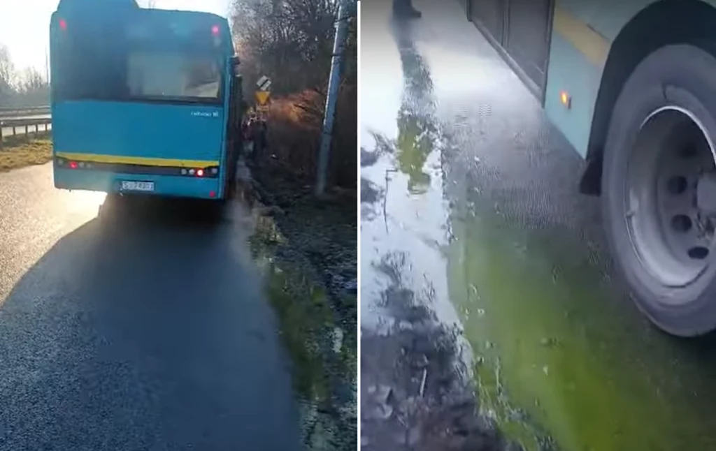 Z autobusu zaczął wyciekać zielony płyn.