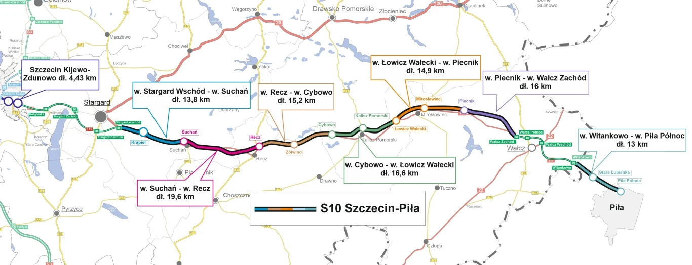 Liczący 113 km fragment drogi ekspresowej S10 został podzielony na osiem odcinków.