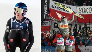 Skoki narciarskie. Reprezentant Norwegii Benjamin Oestvold oraz Piotr Żyła i Dawid Kubacki niosący Kamila Stocha na tle polskich kibiców