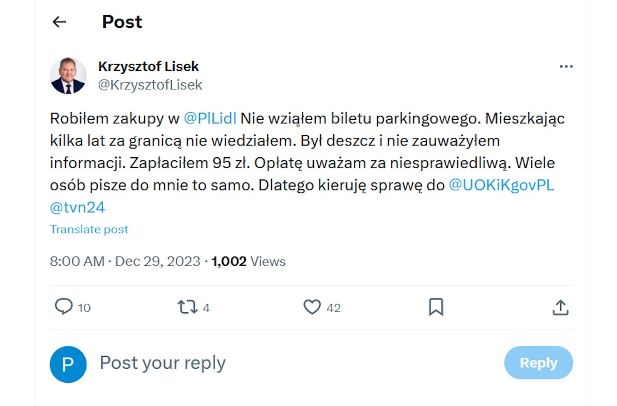 Wpis byłego parlamentarzysty Kszystofa Liska na platformie X Wpis byłego parlamentarzysty Kszystofa Liska na platformie X