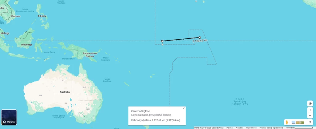 Odległość między wyspami Bakera i Kiribati wraz z zaznaczoną linią zmiany daty. Paradoksalnie na obszarach odległych o zaledwie 2000 km różnica czasu wynosi aż 24 godziny.