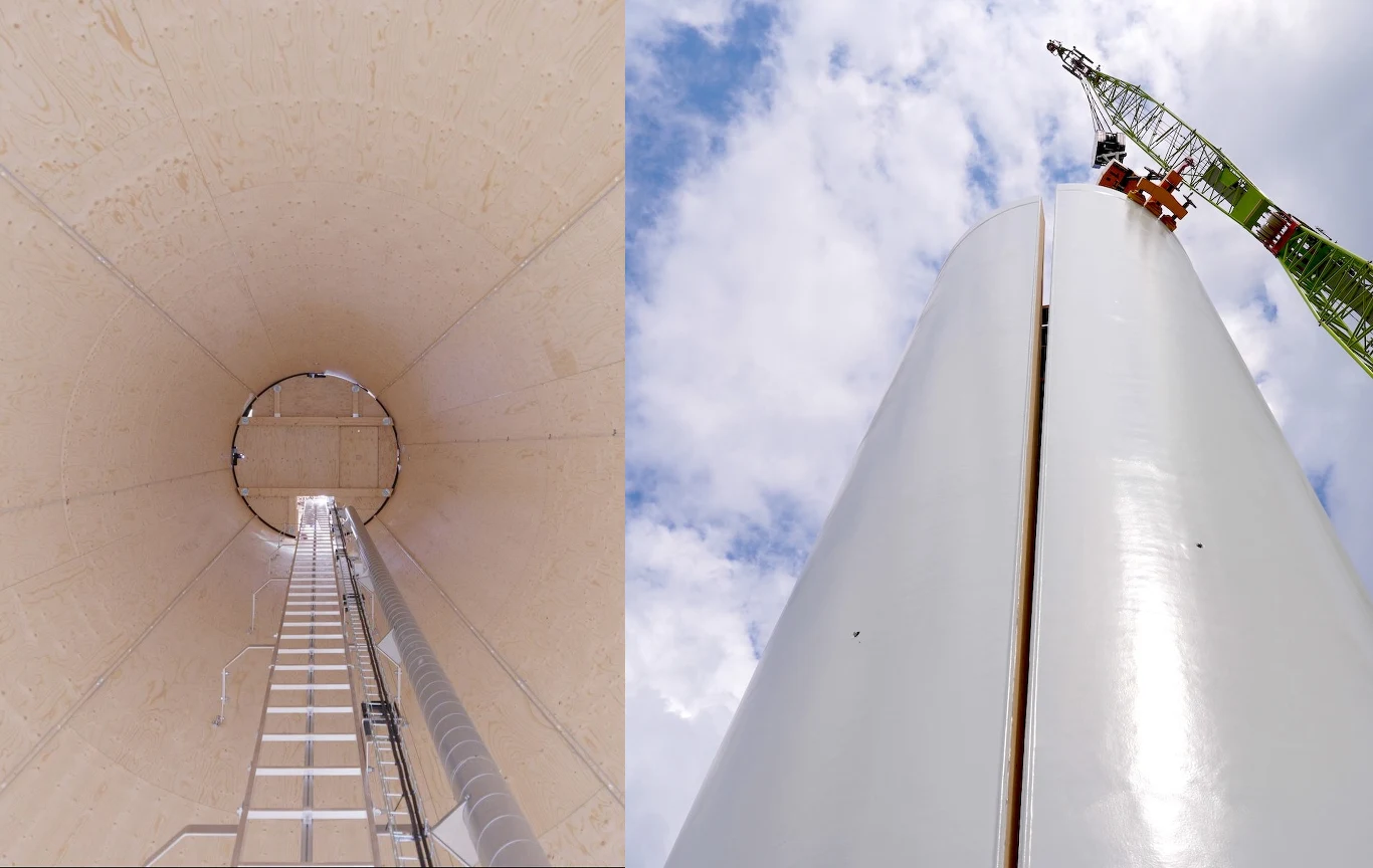 Wieże turbin wiatrowych mogą powstawać z drewna. W tym celu łączy się ze sobą warstwy forniru, które są wzmacniane okuciami ze stali