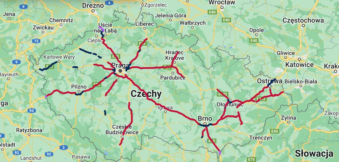 Tak wygląda mapa płatnych odcinków dróg w Czechach.